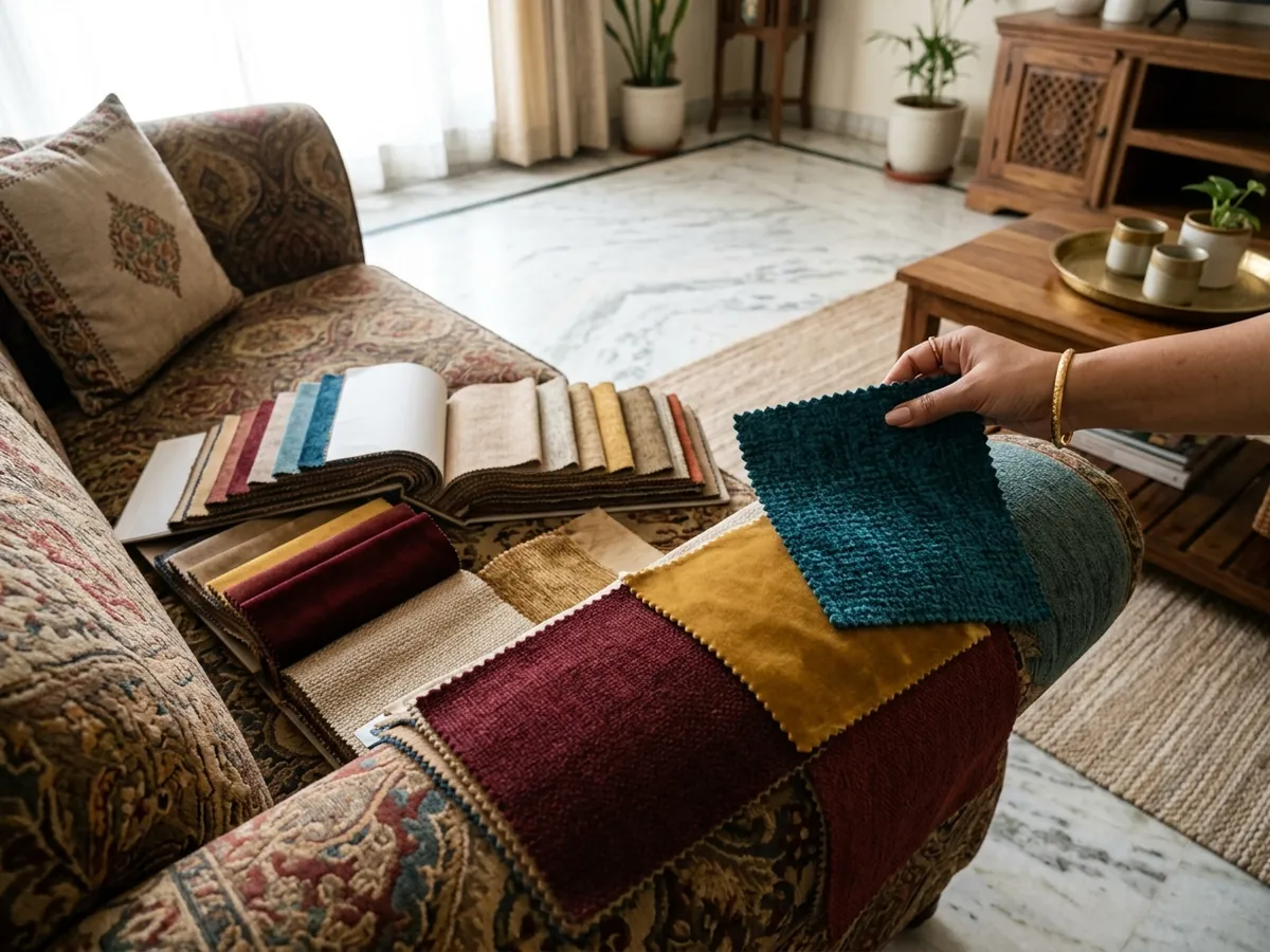 Fabric sample books spread out on a sofa during a home visit