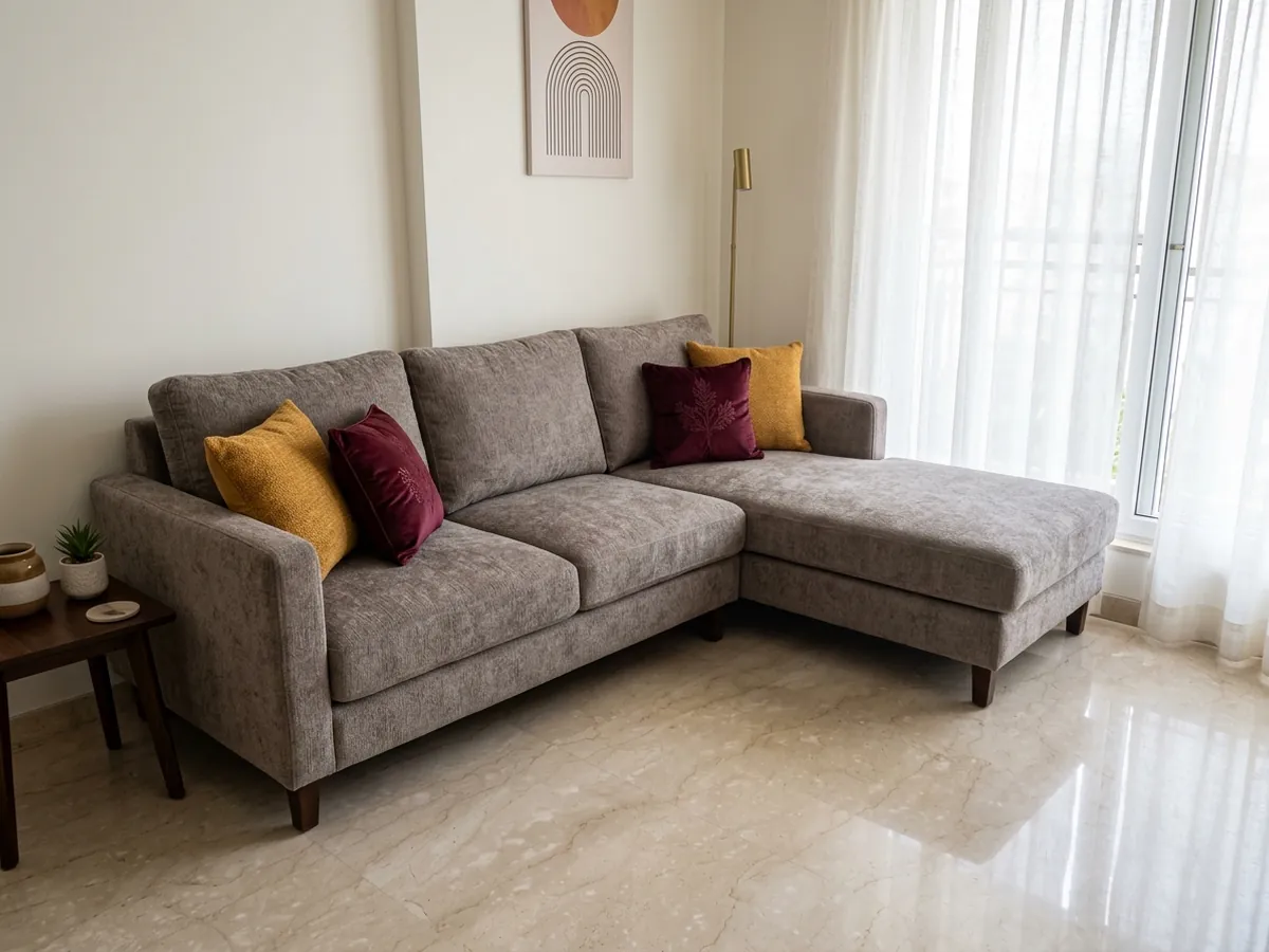 Custom grey L-shape sofa made to fit an Indian living room