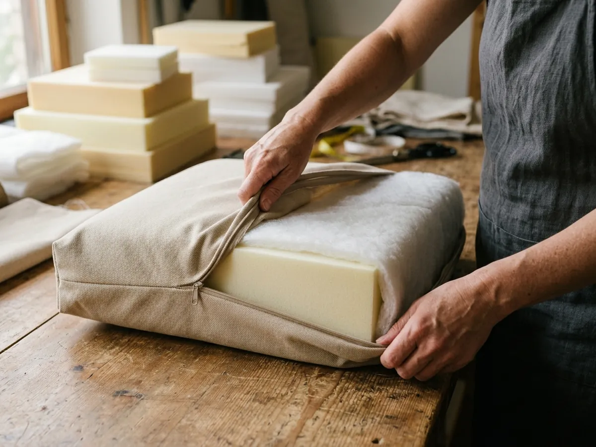 New high-density foam cushion being fitted into a sofa cover