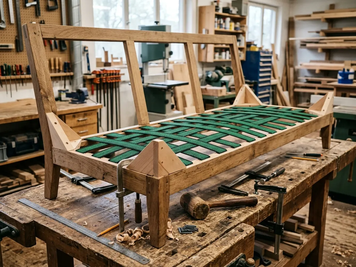 Exposed hardwood sofa frame with new webbing being repaired