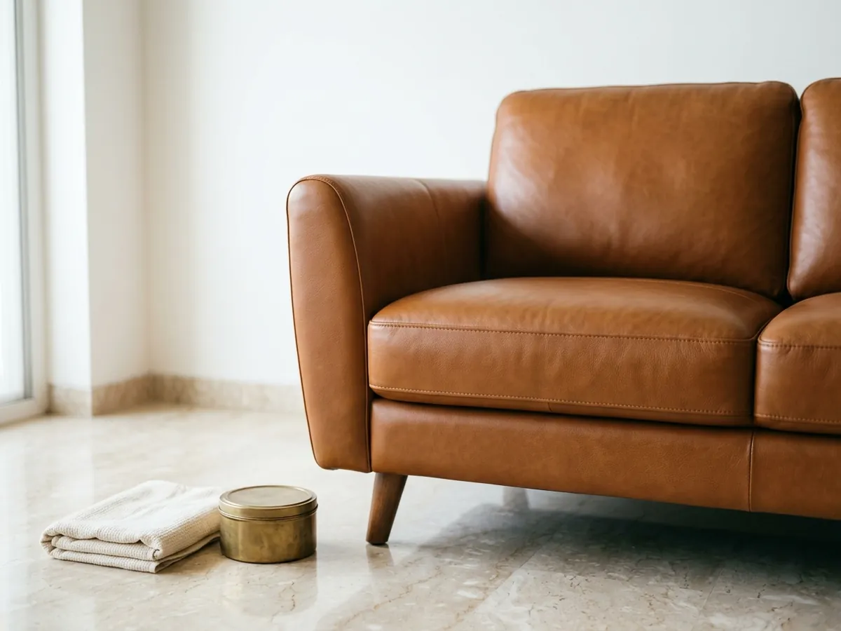 Restored tan leather sofa with a smooth, even finish