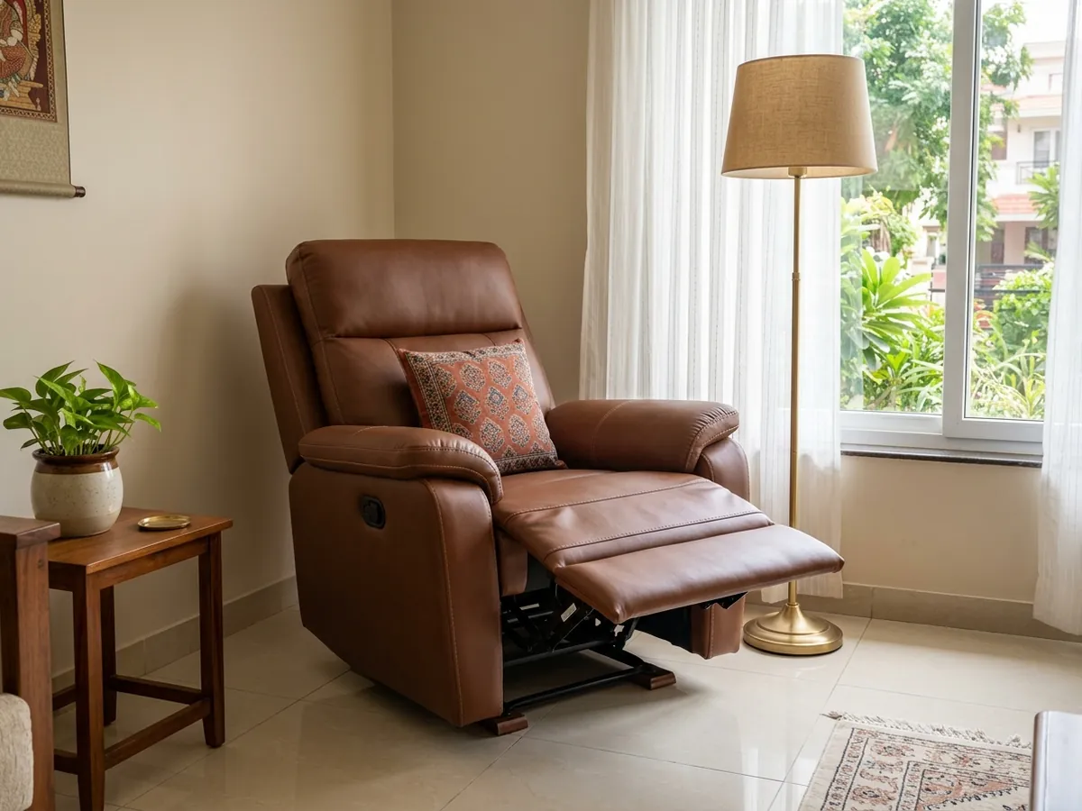 Brown leatherette recliner with footrest extended
