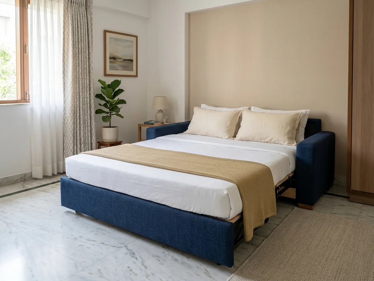 Sofa-cum-bed opened out with a thick new mattress