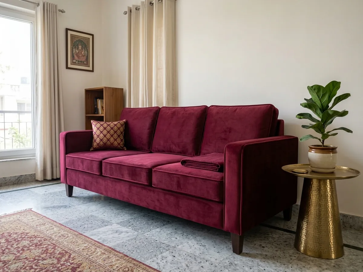 Sofa freshly re-upholstered in deep maroon velvet in a Kanpur living room